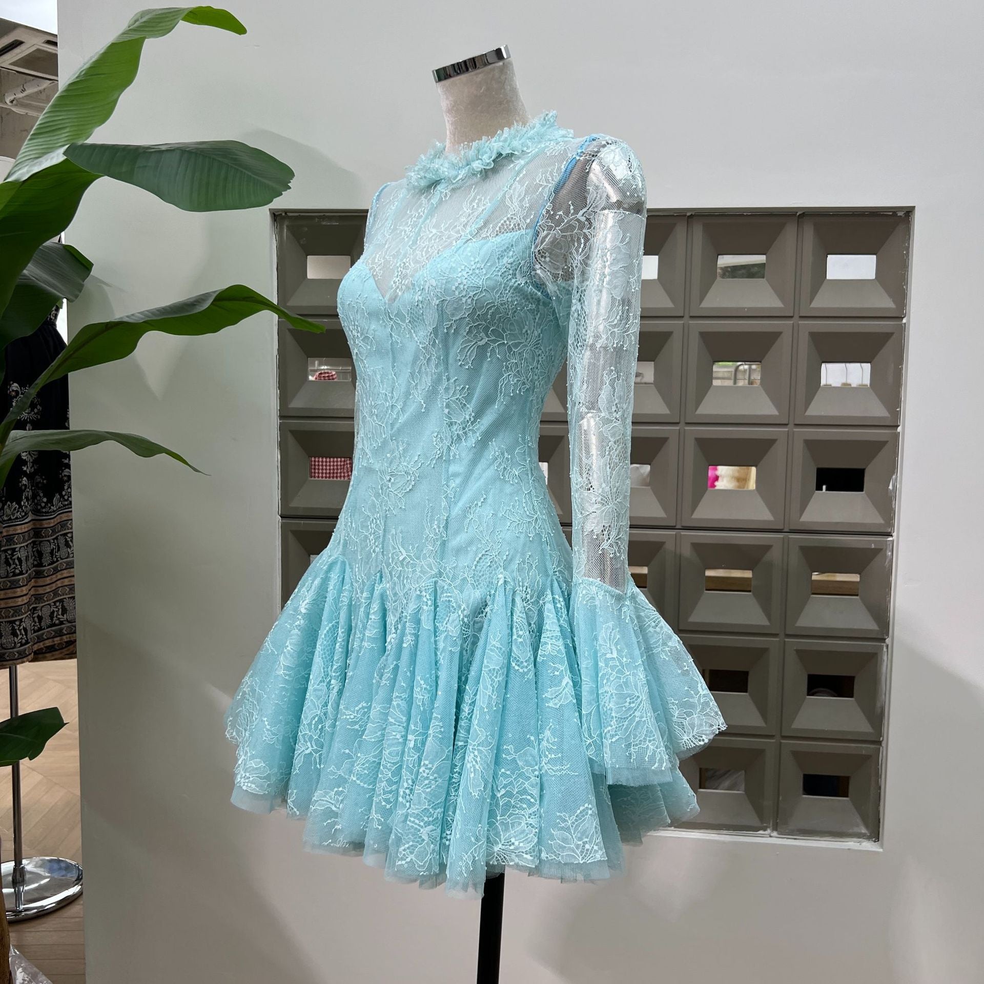 BLUE EMBROIDERED FLARED MINI DRESS FOR PARTY