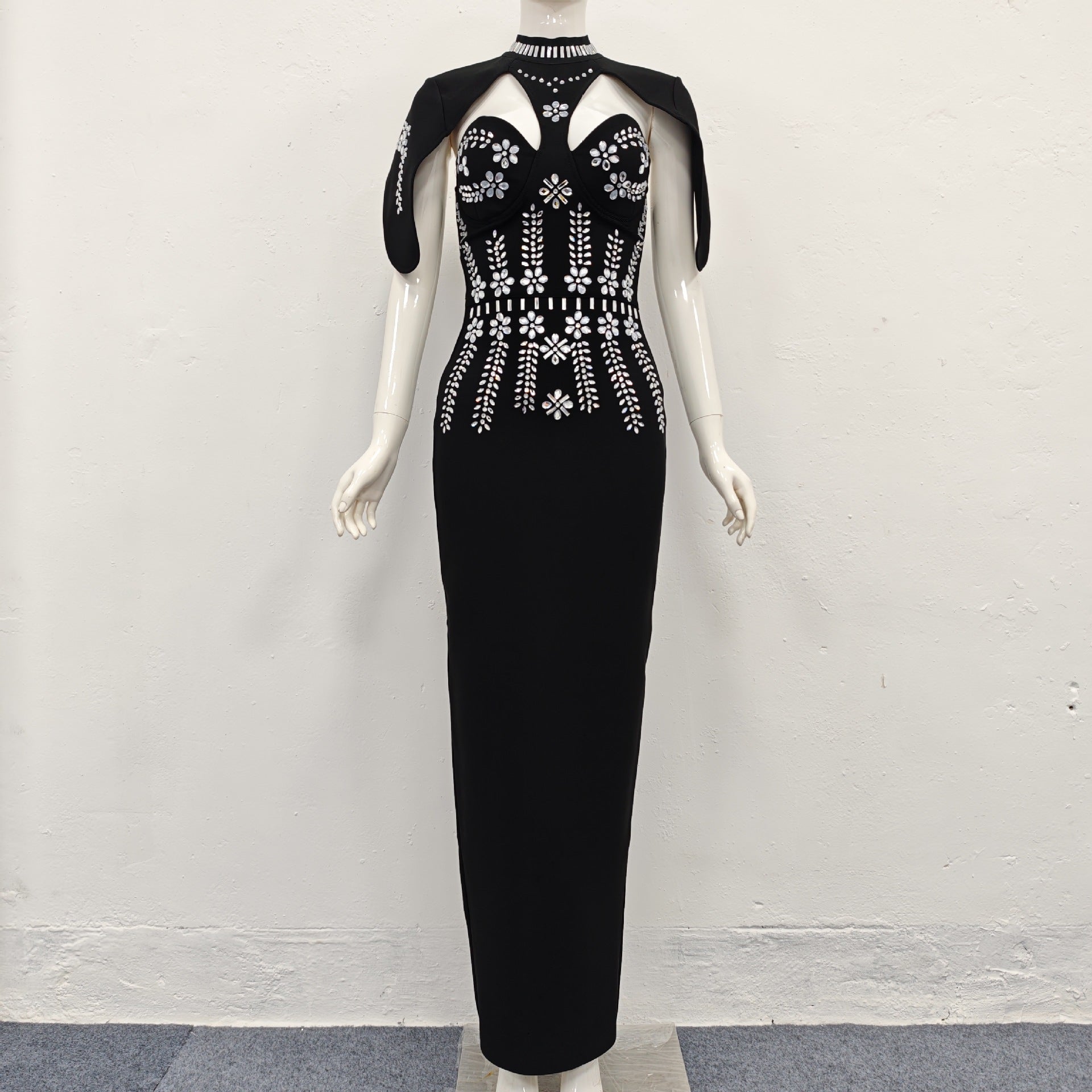 SIBYL BLACK SHAWL BANDAGE MAXI DRESS