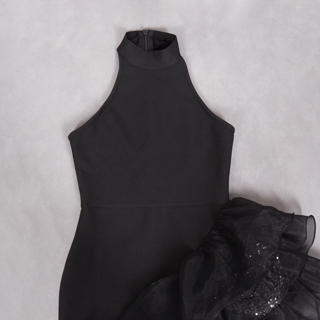 HALTER SEQUIN RUFFLE MAXI DRESS, BLACK, PROM