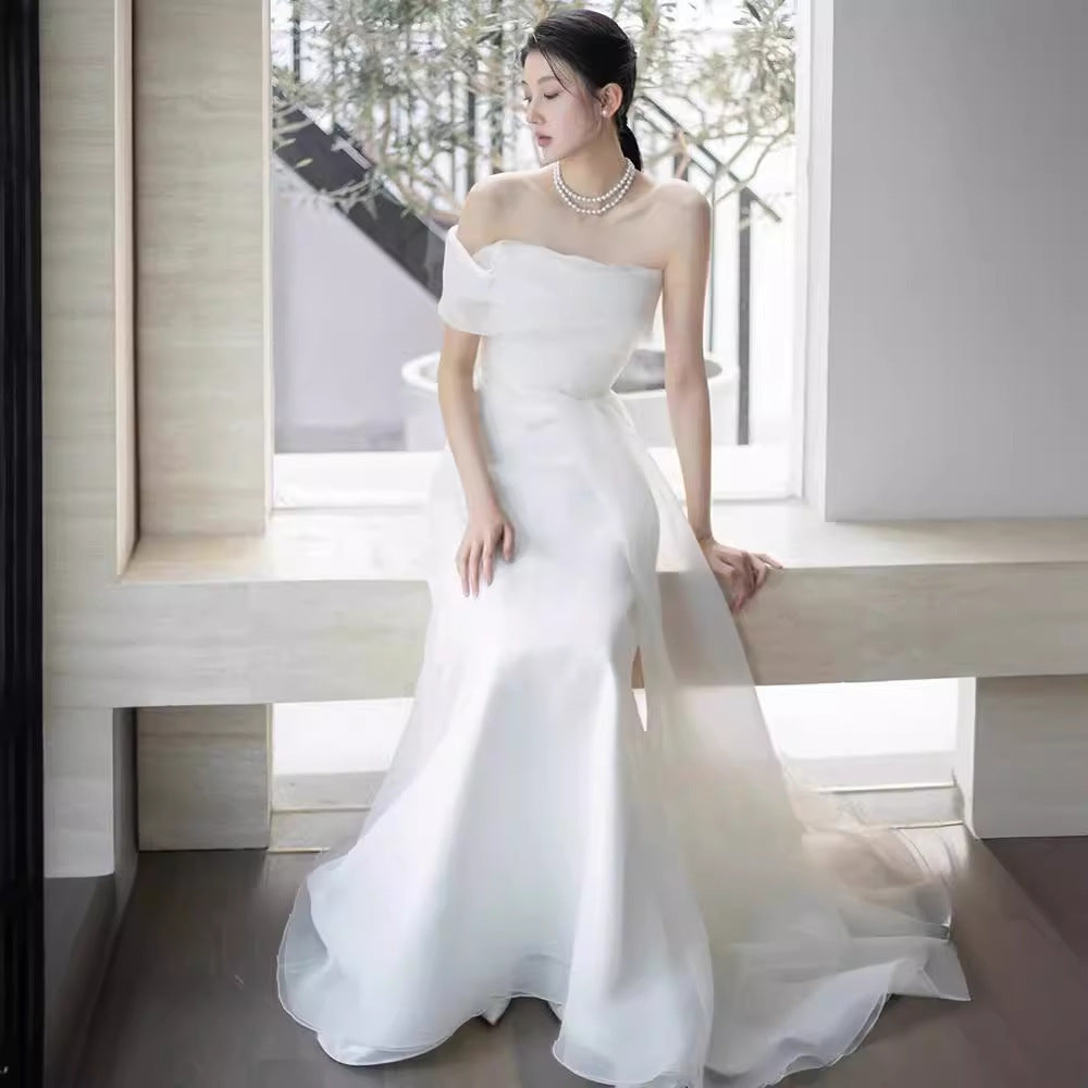 ELEGANT WHITE FRENCH ONE-SHOULDER MERMAID MAXI DRESS