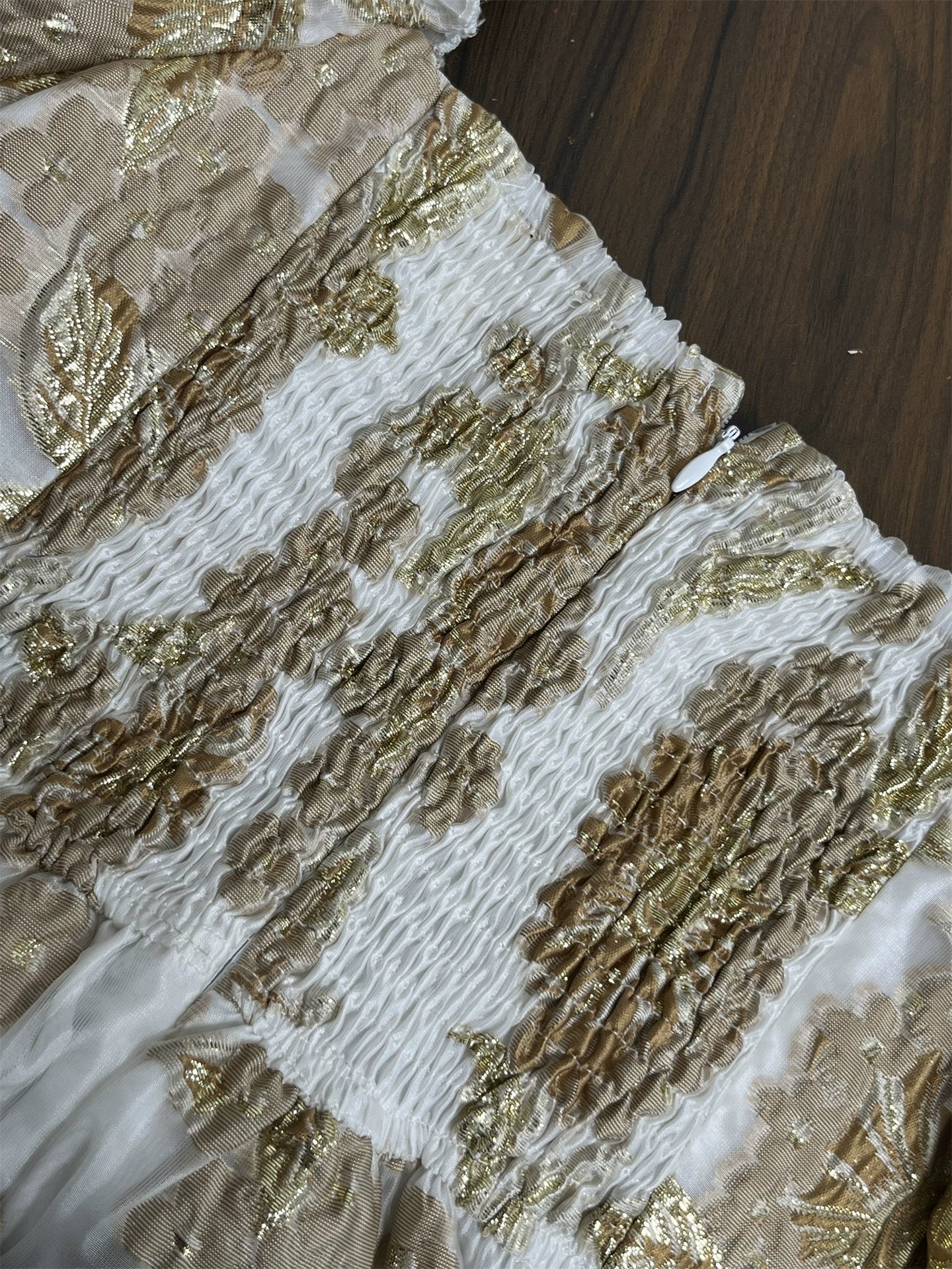GOLD JACQUARD SQUARE NECK PUFF SLEEVE MINI DRESS