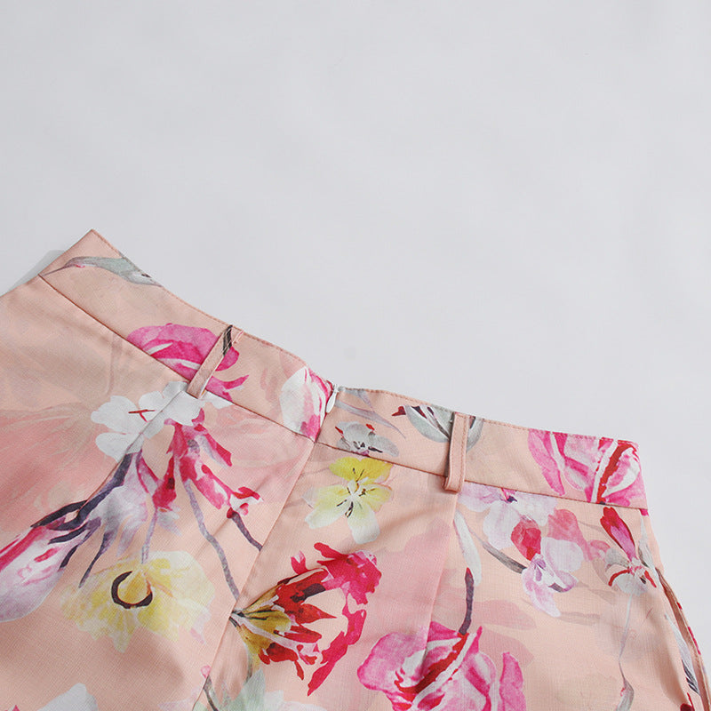 ORANGE FLORAL PRINT SHIRT SHORTS SET