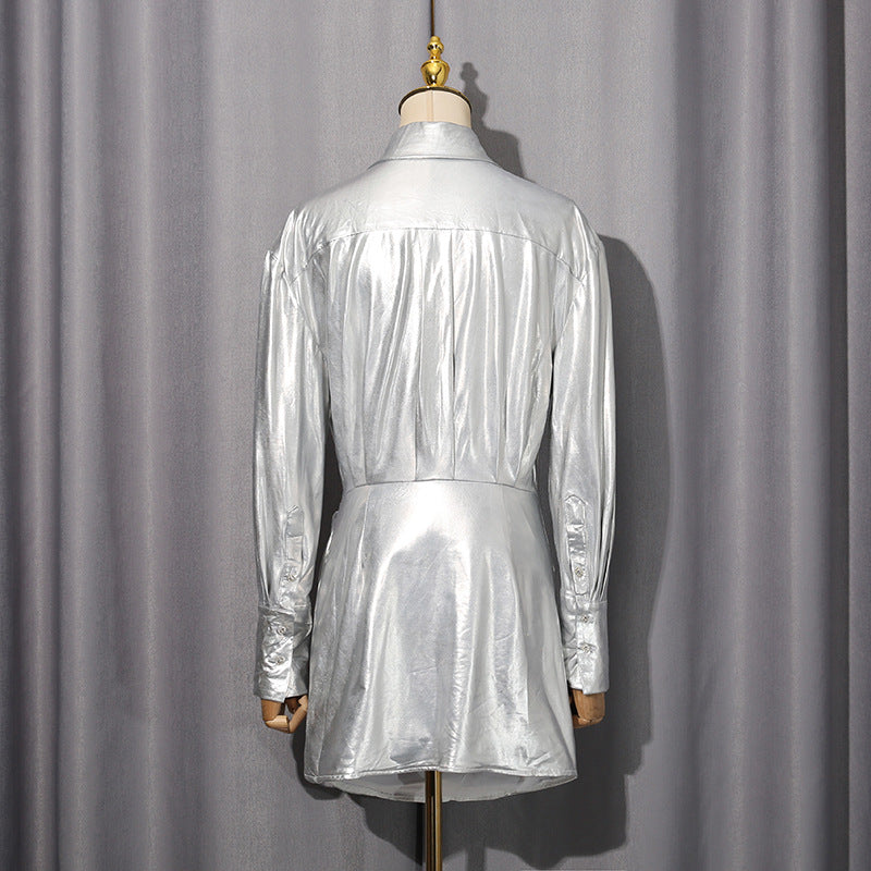 METALLIC PLEATED SHIRT MINI DRESS SILVER