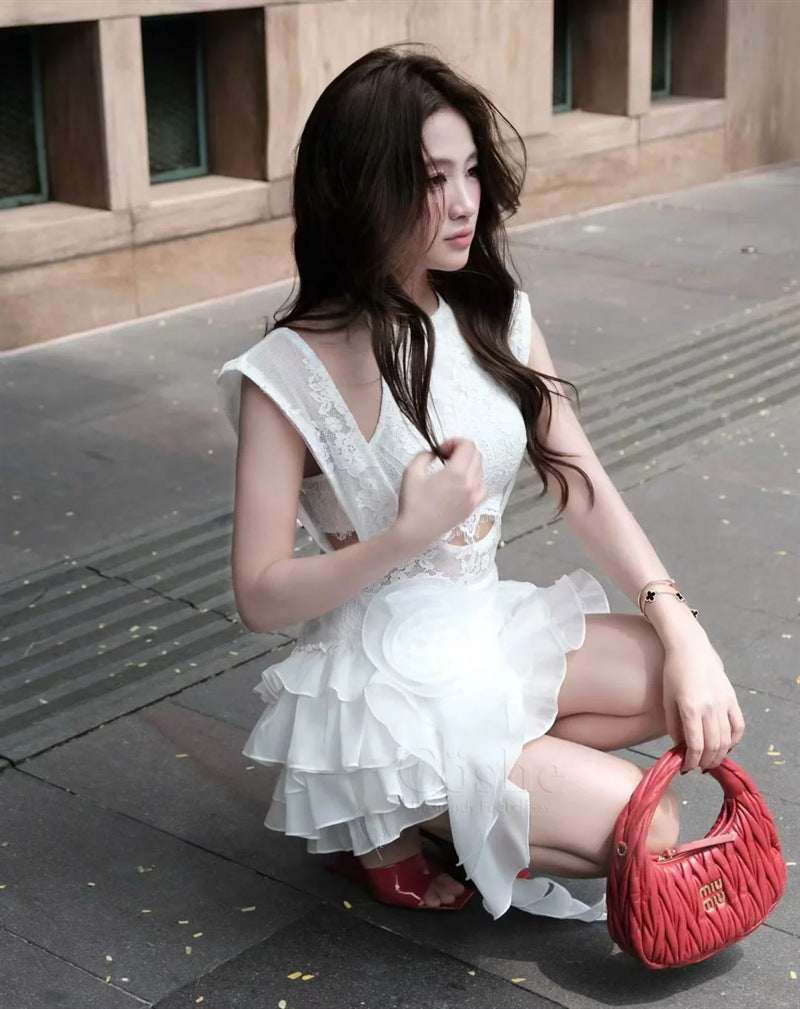 WHITE SHARON LACE PATCHWORK MINI DRESS - TASSEL FLOWER