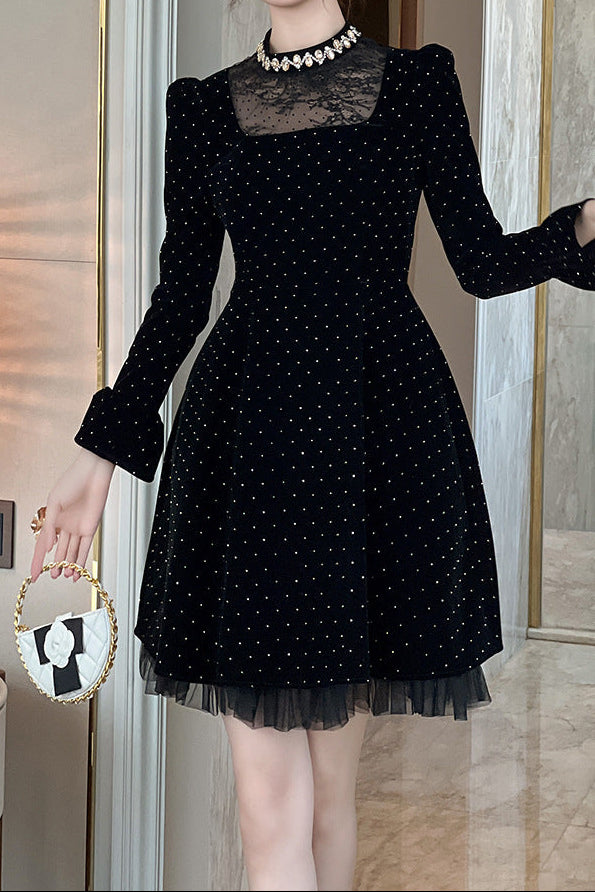 WENDY VELVET POLKA DOT MINI DRESS, BLACK, LONG SLEEVE