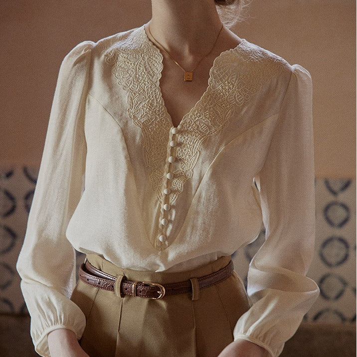 CREAM APRICOT V-NECK TOP CASUAL WORK