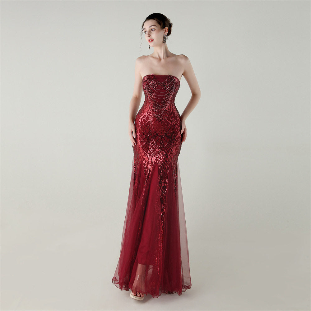 SEQUIN STRAPLESS TULLE MAXI DRESS FOR PARTY
