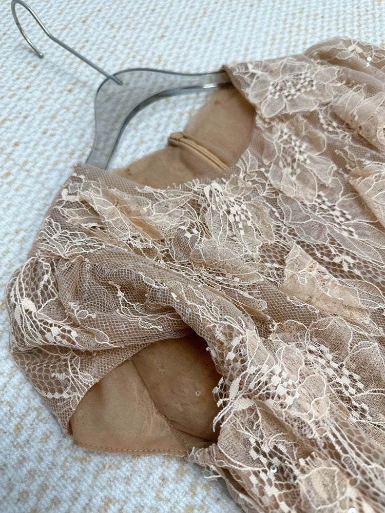 BROWN SEQUIN LACE MESH MAXI DRESS FOR EVENING