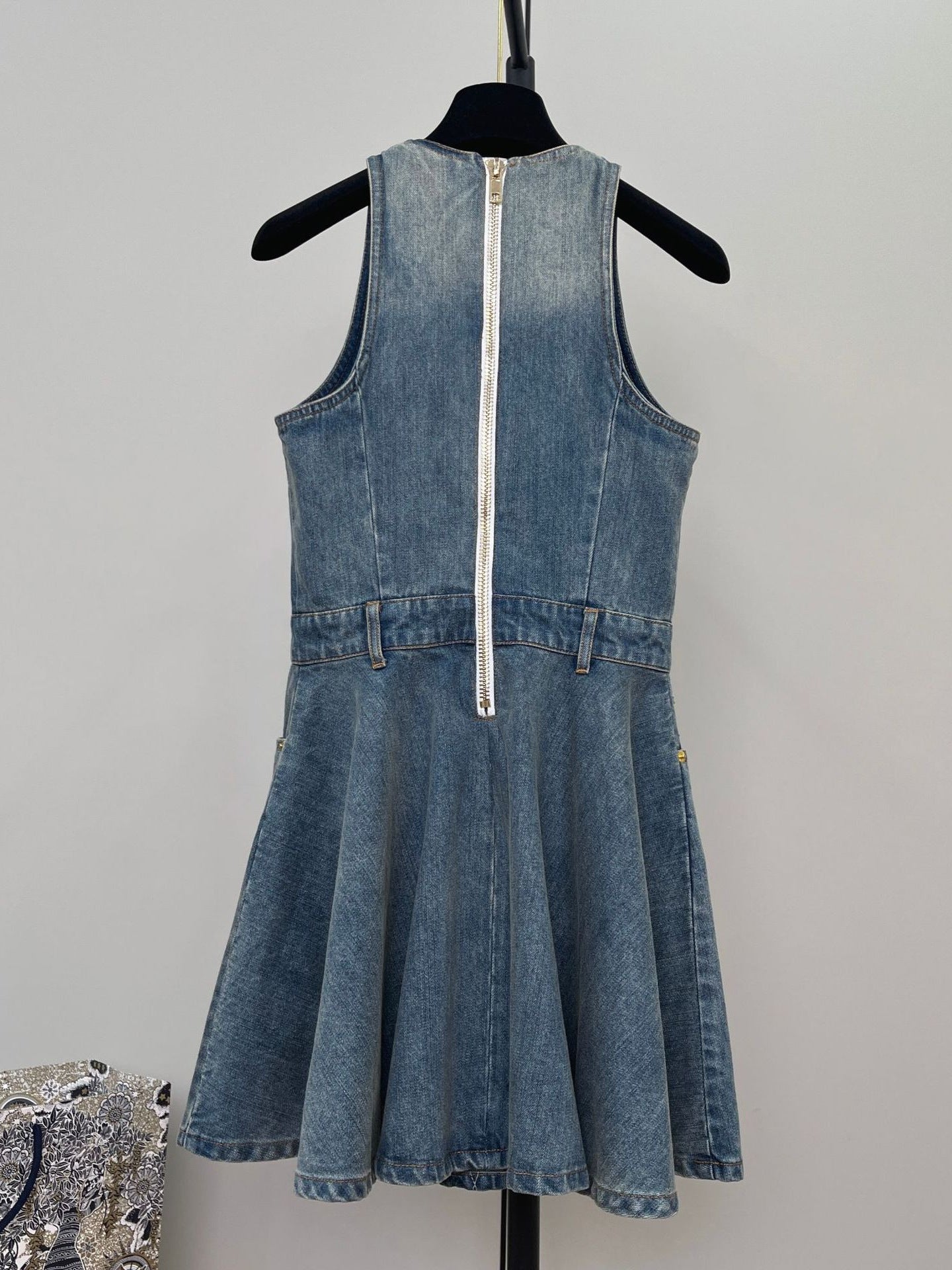 DENIM SLEEVELESS FLARED MINI DRESS FOR PARTY