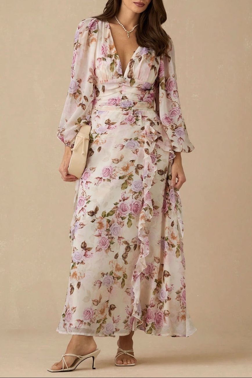 VICTORIA FLORAL V-NECK PUFF SLEEVE MAXI DRESS