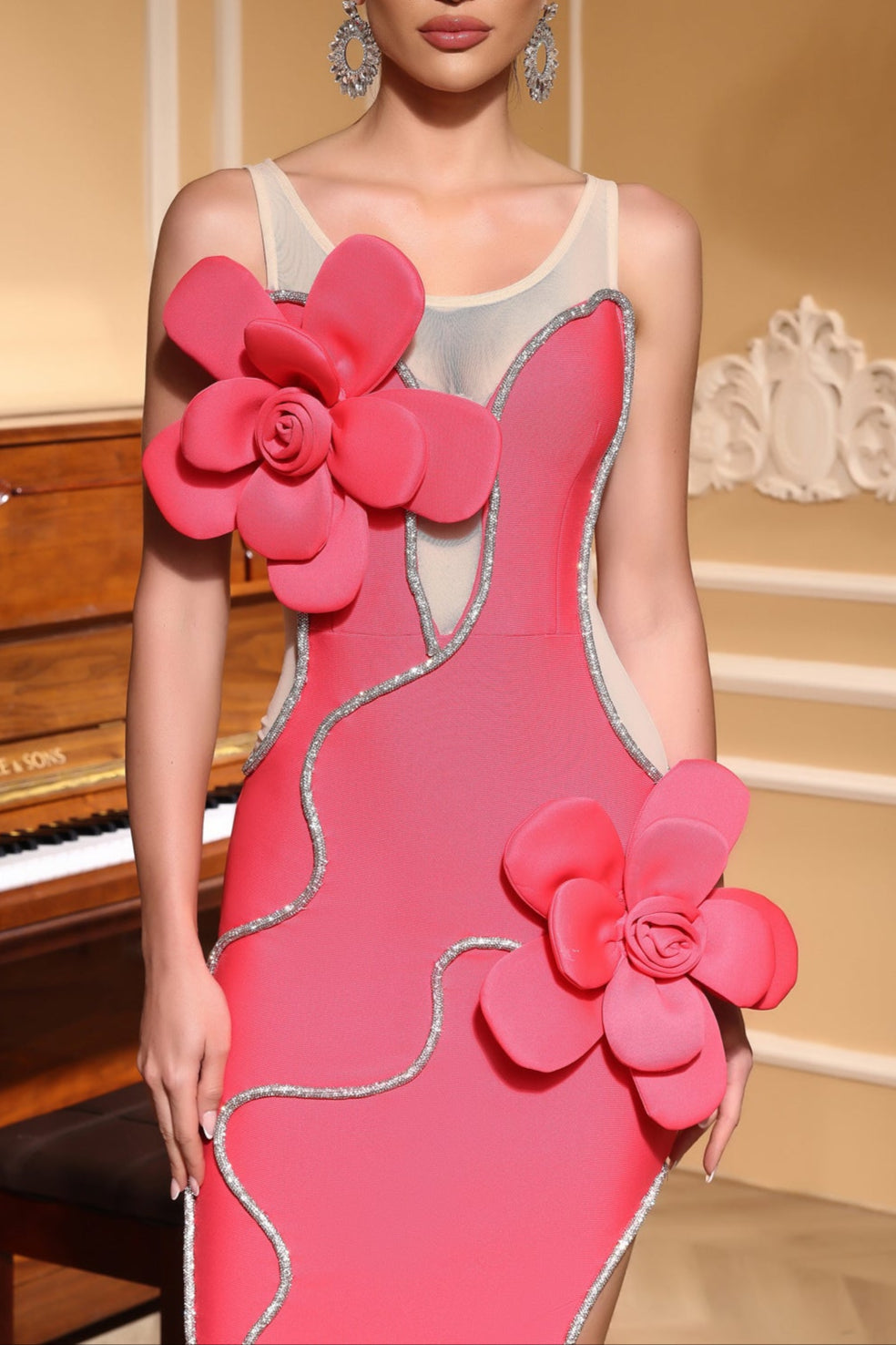 DIAMOND 3D FLOWER SEQUIN BANDAGE MAXI DRESS ROSE RED