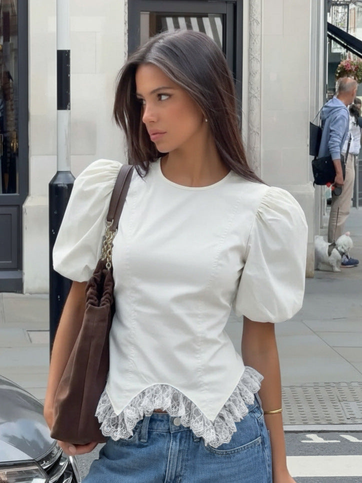 WHITE LACE PUFF SLEEVE SHIRT | IRREGULAR HEM TOP