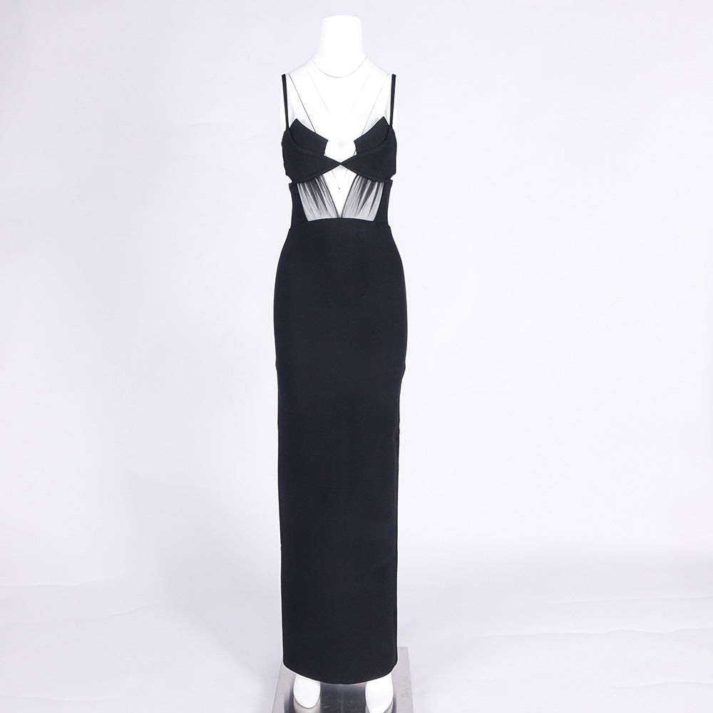SLIT BACK BANDAGE MAXI DRESS, BLACK COCKTAIL