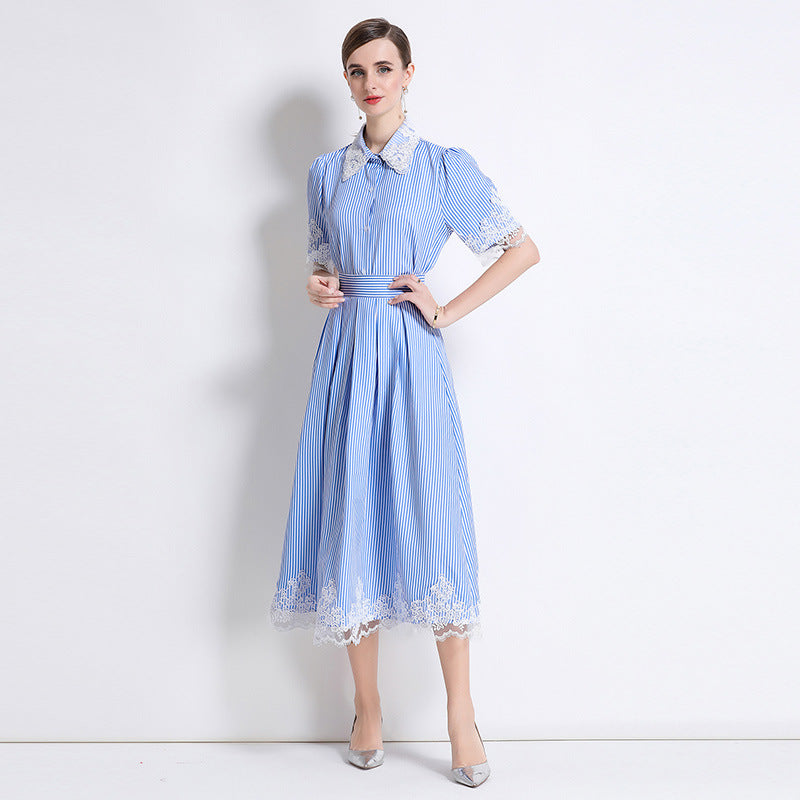 LACE STRIPED SHIRT SET SHORT SLEEVE CASUAL