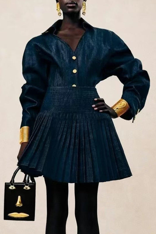 FLORENCE SINGLE-BREASTED TOP & PLEATED SKIRT NAVY BLUE