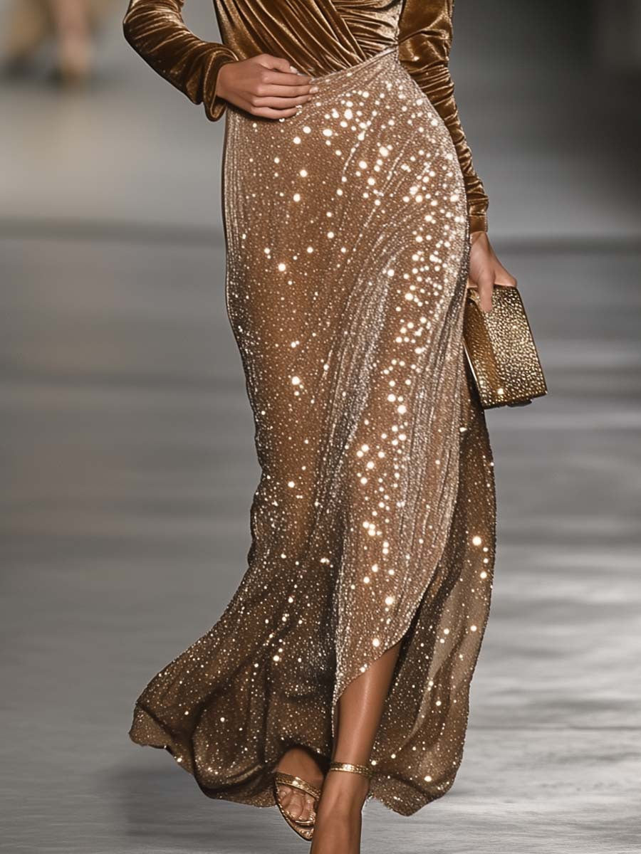 BROWN LONG SLEEVE V-NECK MAXI EVENING GOWN