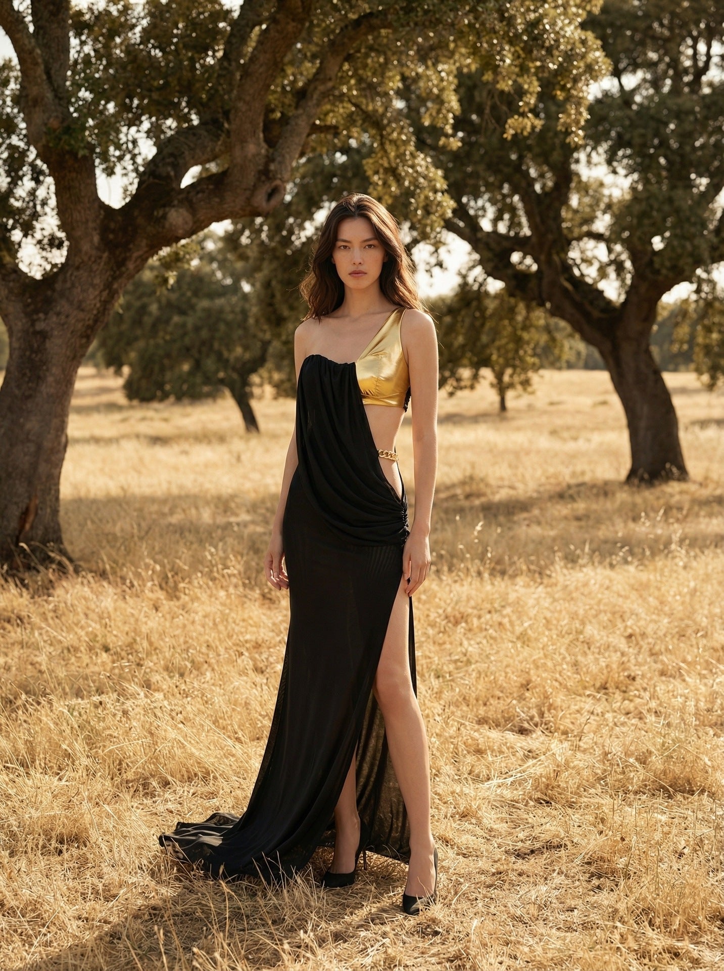 ELVIRA ONE-SHOULDER CHAIN MAXI DRESS BLACK
