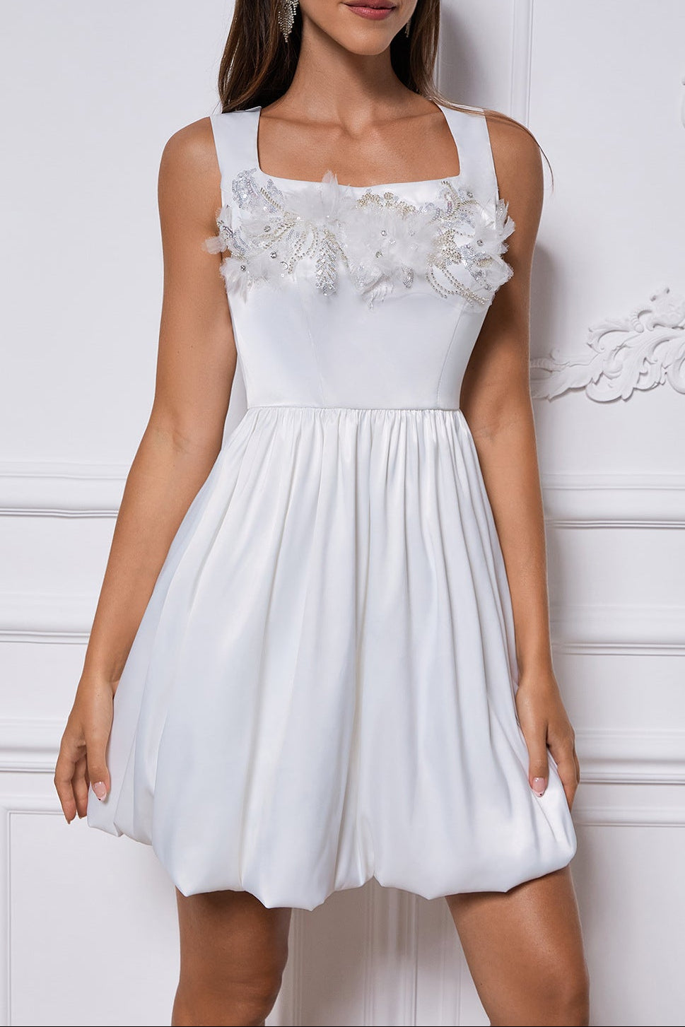 SABINA PUFFY MINI DRESS - WHITE SATIN APPLIQUÉ WEDDING