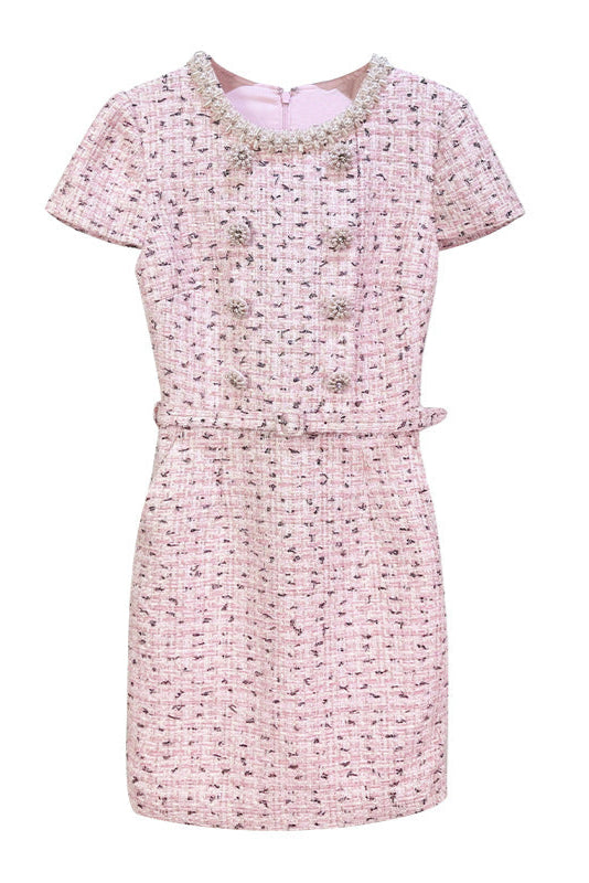 BEADED BOUCLÉ PINK MINI DRESS FOR PARTY