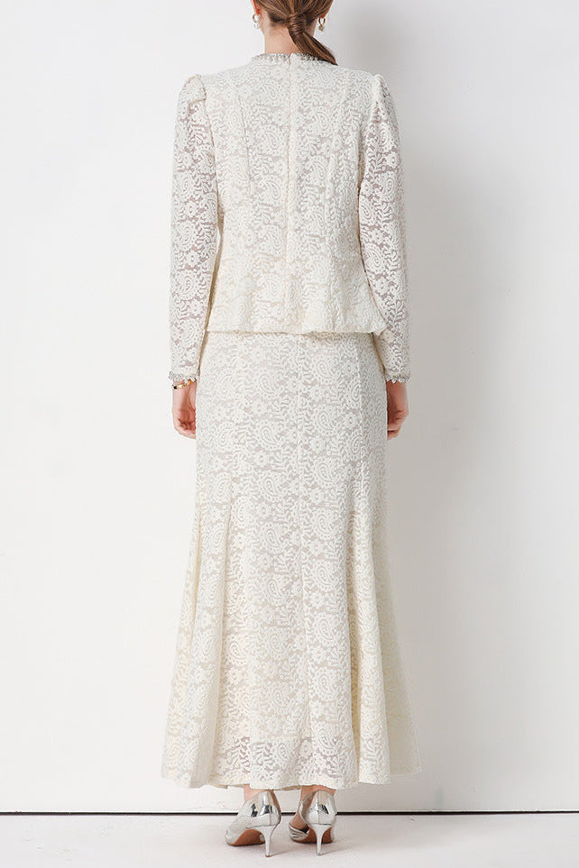 GEORGIA BEADED LACE TOP & FISHTAIL SKIRT SET WHITE