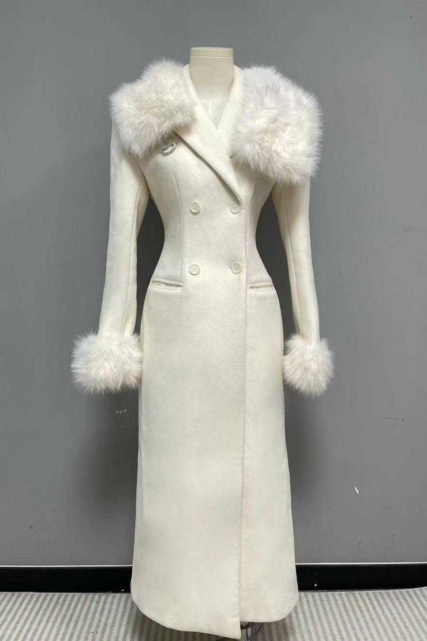 IVORY SLIM FAUX FUR COAT, MIDI WINTER OUTERWEAR