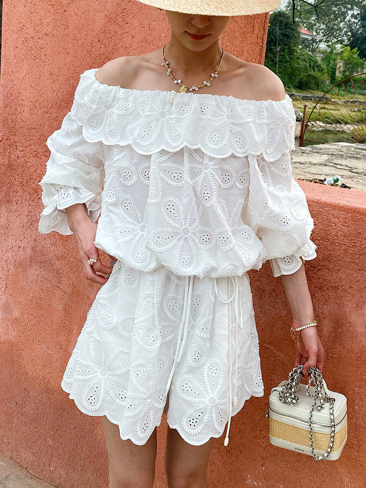 O1CN01vAU6W123jKpjZmbQQ__2172697291-0-cib EMBROIDERED OPENWORK SHOULDER TOP & SHORTS SET