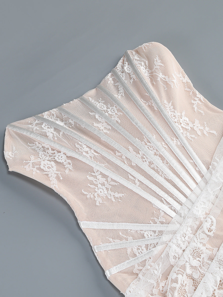 IVORY SHEER LACE CORSET MAXI DRESS FOR WEDDING