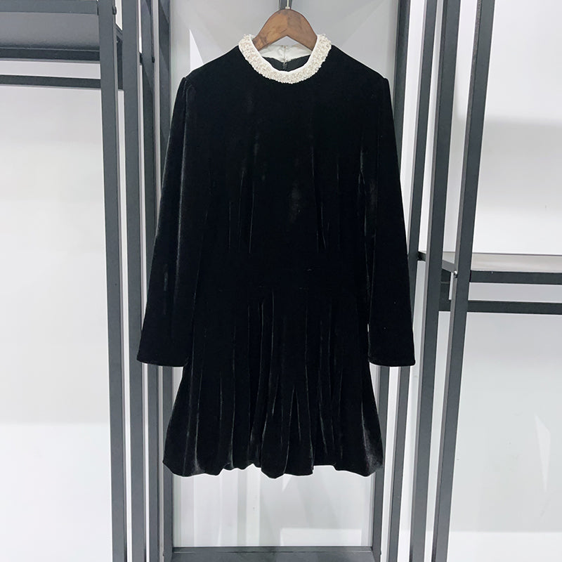 SHEILA BEADED VELVET PUFFY MINI DRESS, BLACK COCKTAIL