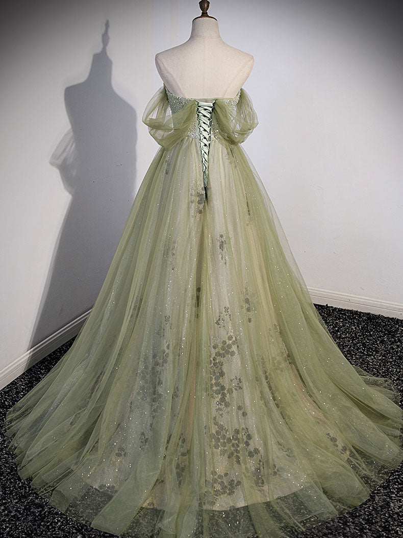 A-LINE GREEN TULLE MAXI DRESS FOR PARTY