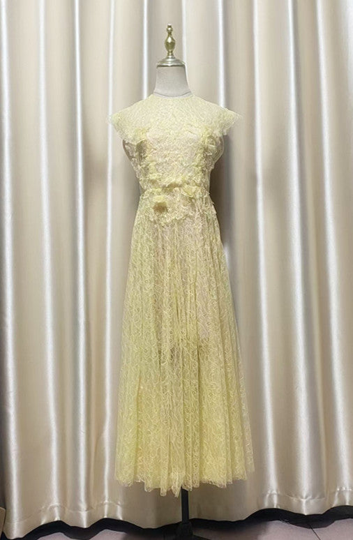 JENNIFER YELLOW LACE MAXI DRESS WITH FLOWER EMBELLISHMENTS