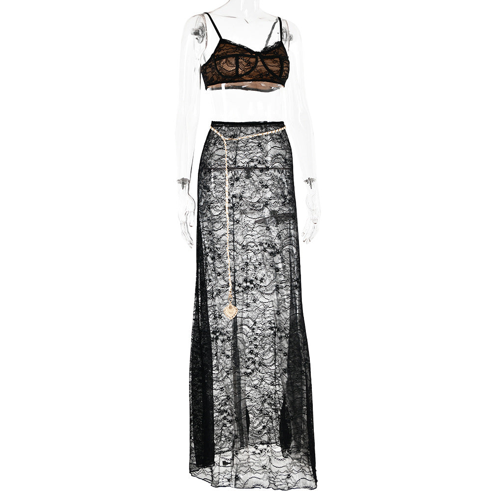 LACE WAIST CHAIN SKIRT SET BLACK PARTY OUTFIT
