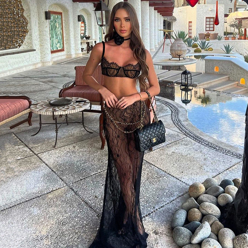 LACE WAIST CHAIN SKIRT SET BLACK PARTY OUTFIT