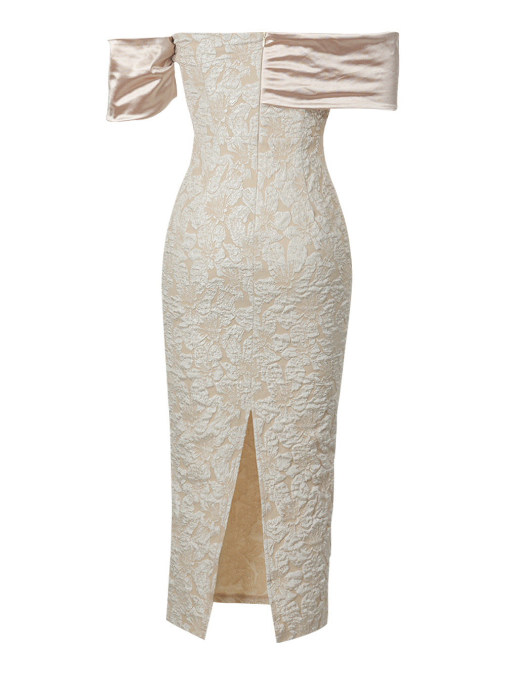 POLLY OFF-SHOULDER JACQUARD FLORAL MAXI DRESS - APRICOT