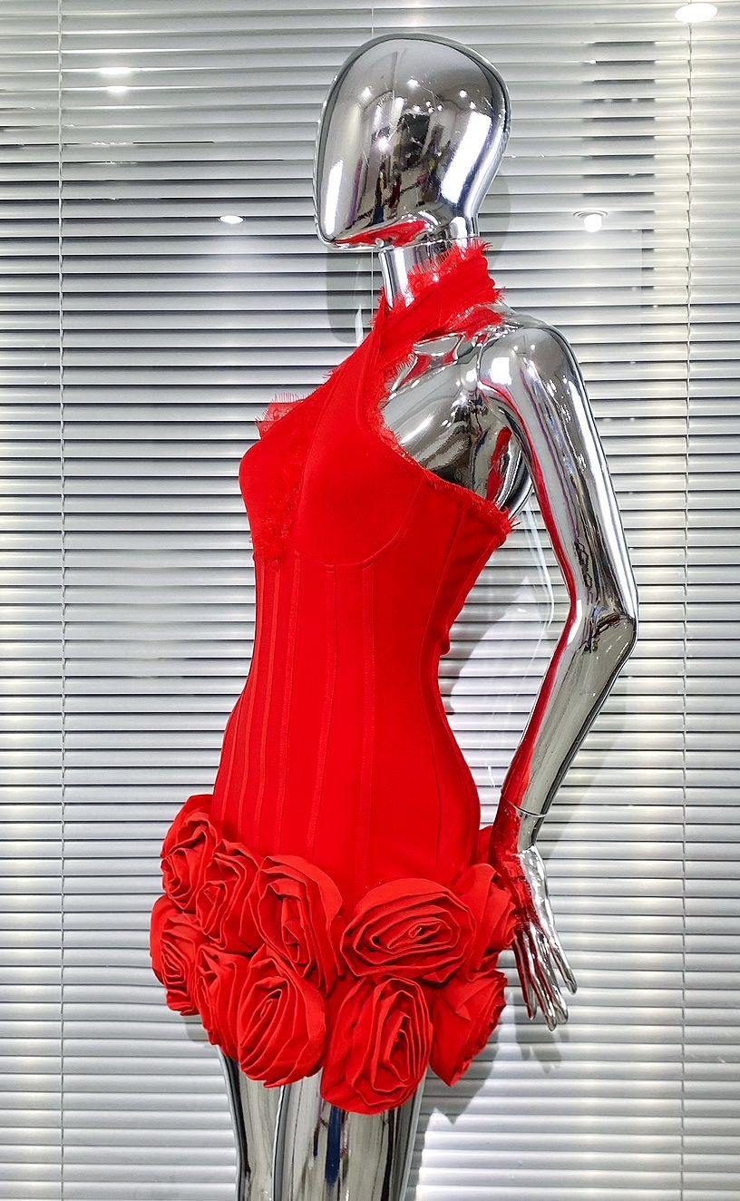 RED HALTER BANDAGE MINI DRESS FOR PARTY