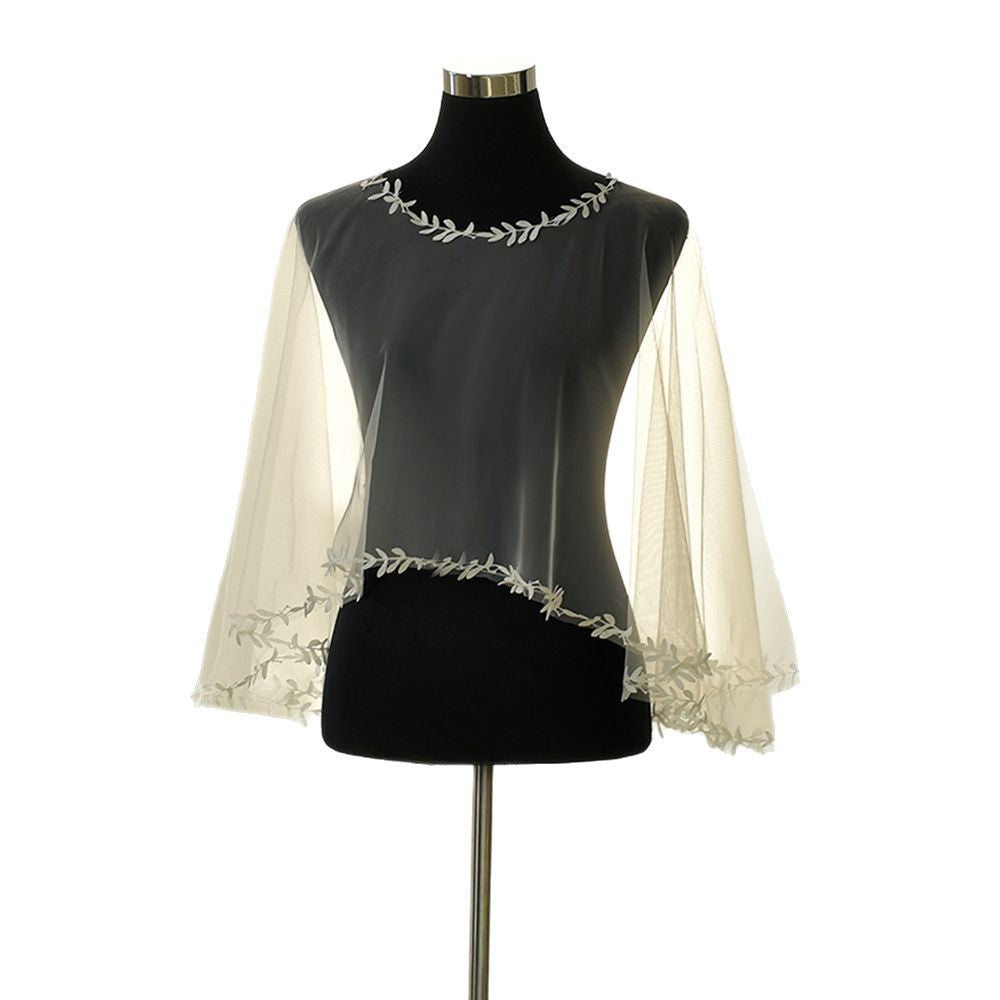 WHITE LEAF EMBROIDERY TULLE WEDDING CAPE SHRUG