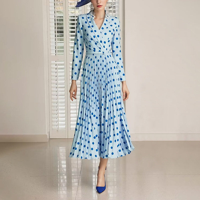 BLUE POLKA DOT V-NECK PLEATED MIDI DRESS