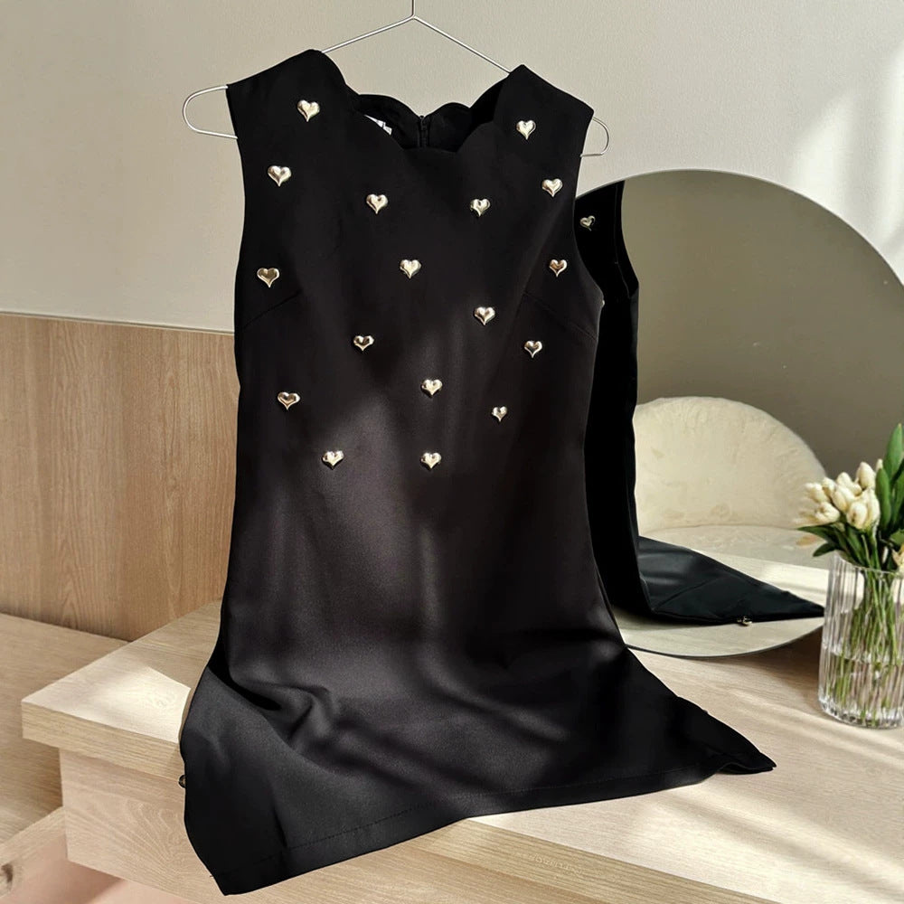 SCALLOPED NECK HEART STUD SLEEVELESS BLACK MINI DRESS