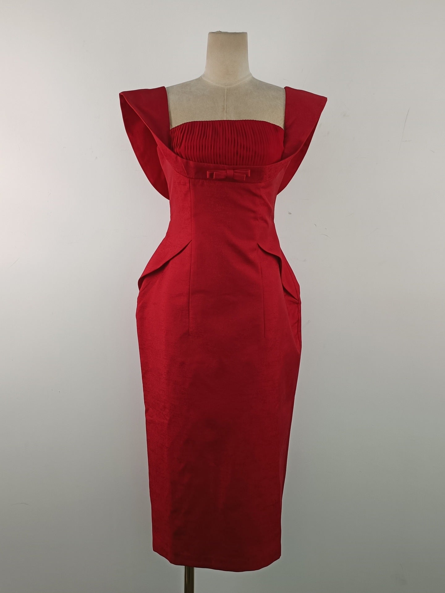 SQUARE NECK BOW MIDI DRESS - RED, DATE NIGHT