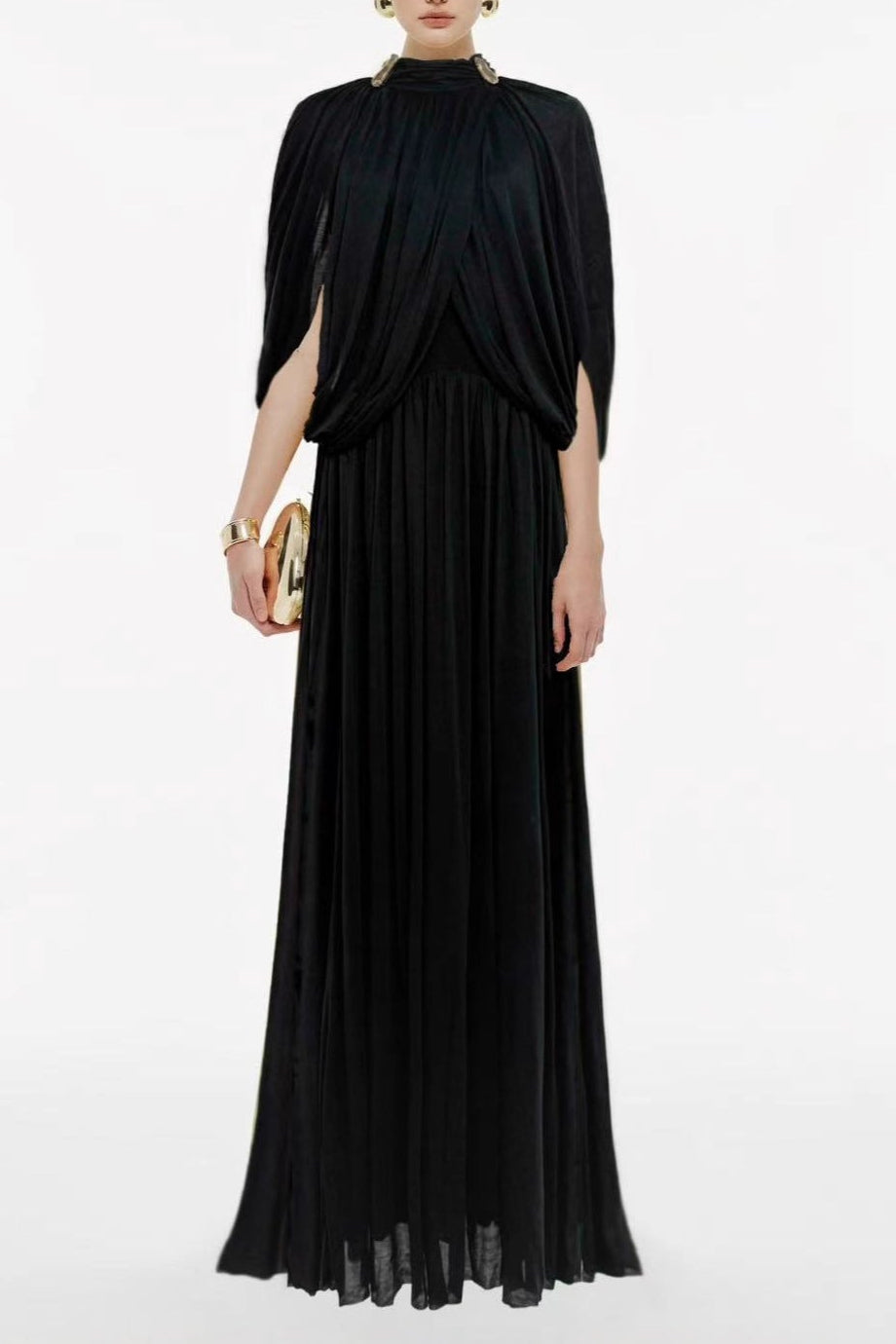 LEONA BLACK DRAPED CAPE MAXI DRESS
