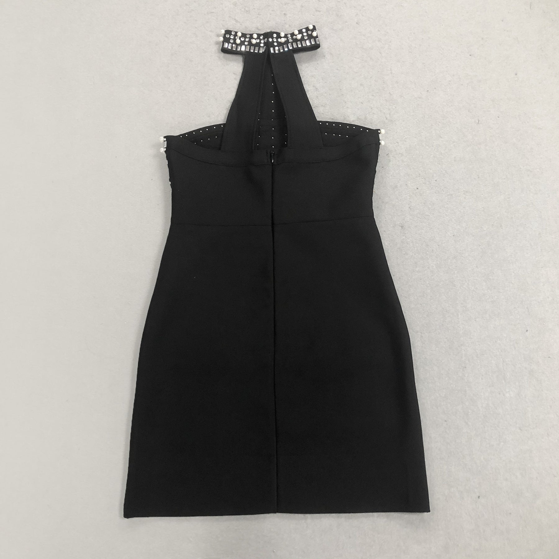 NELLY PEARL RHINESTONE HALTER MINI DRESS BLACK