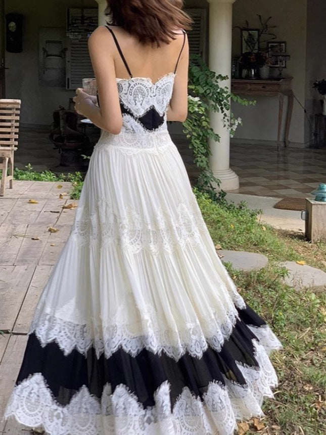 BLACK LACE TIERED SPAGHETTI STRAP MAXI DRESS
