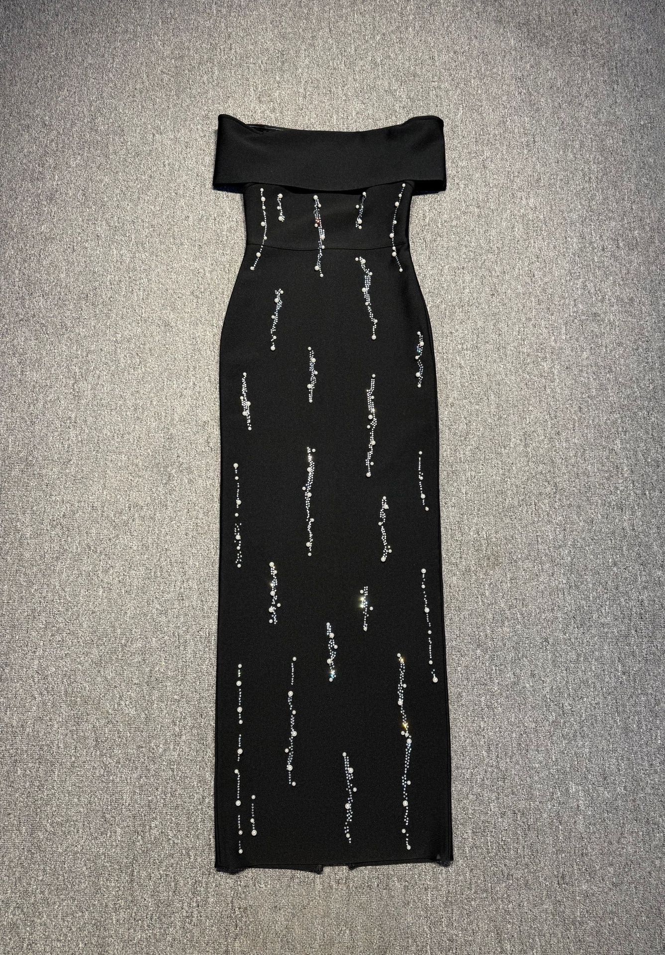 LAUREL OFF-SHOULDER RHINESTONE MAXI DRESS BLACK