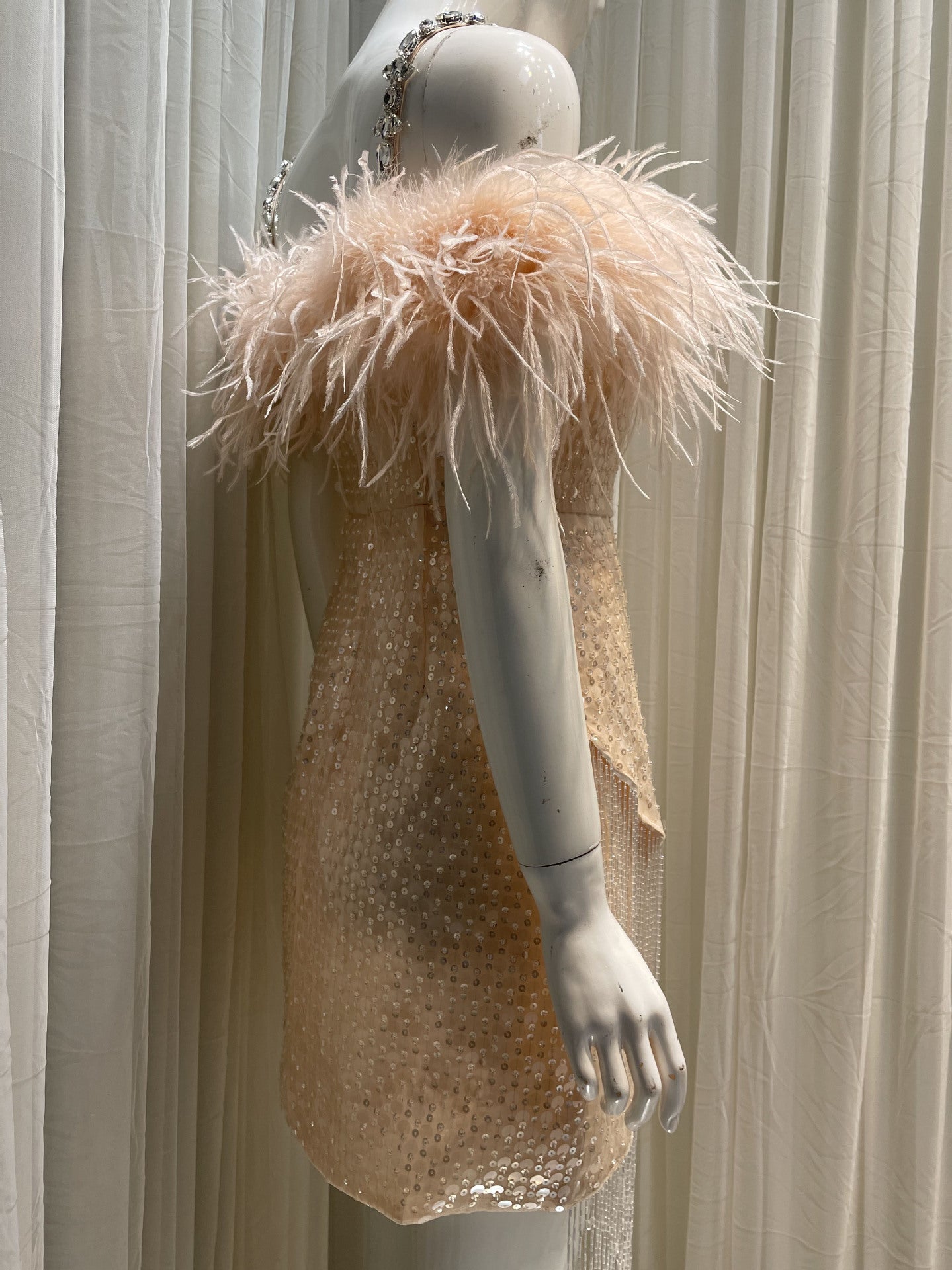 PRISCILLA SEQUIN FEATHER MINI DRESS, PINK
