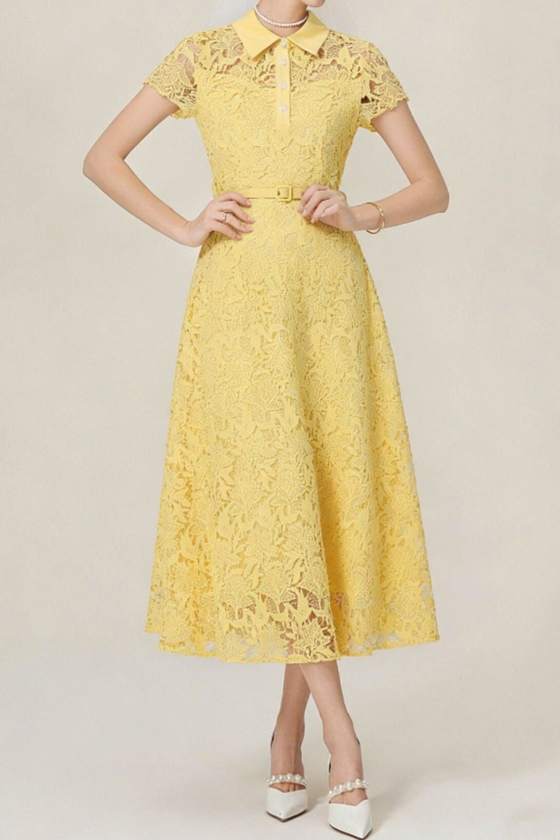 LACE COLLAR BELTED MIDI DRESS FOR WEDDING GUEST
