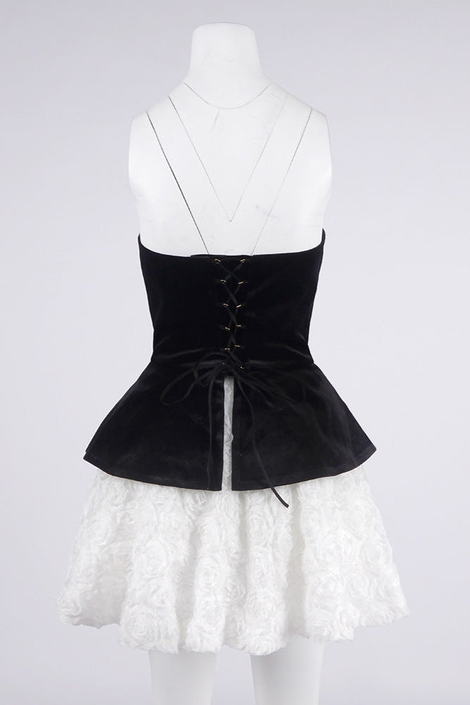 PETAL VELVET TOP & MINI SKIRT SUIT - BLACK/WHITE