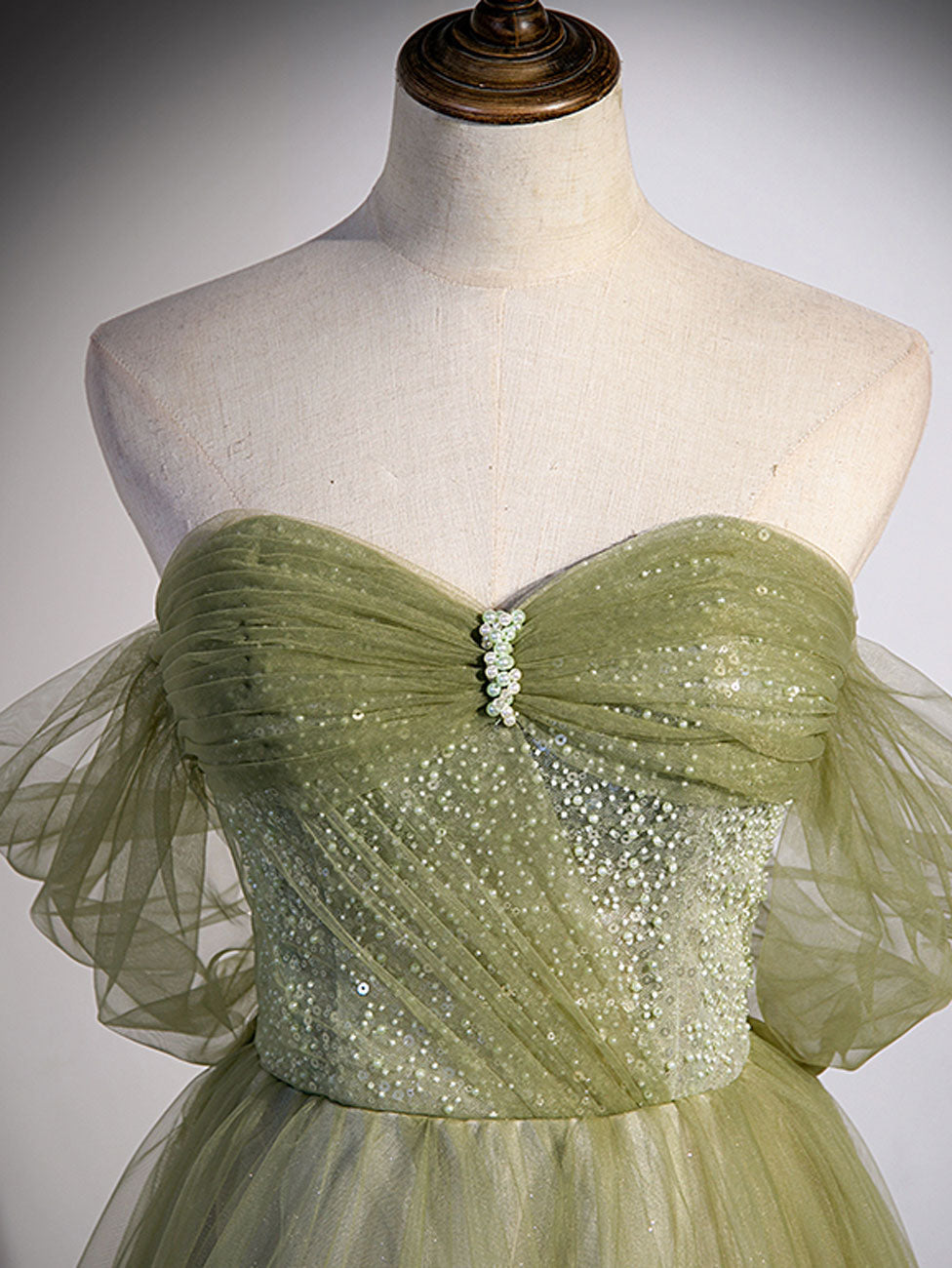 A-LINE GREEN TULLE LONG PROM GOWN