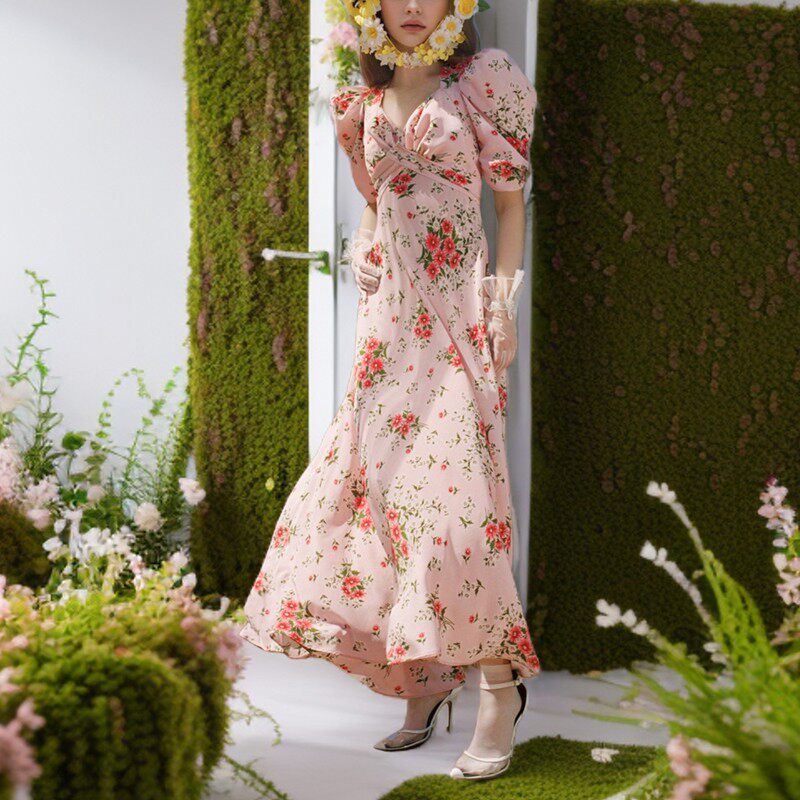PINK FLORAL V-NECK MAXI DRESS FOR WEDDING