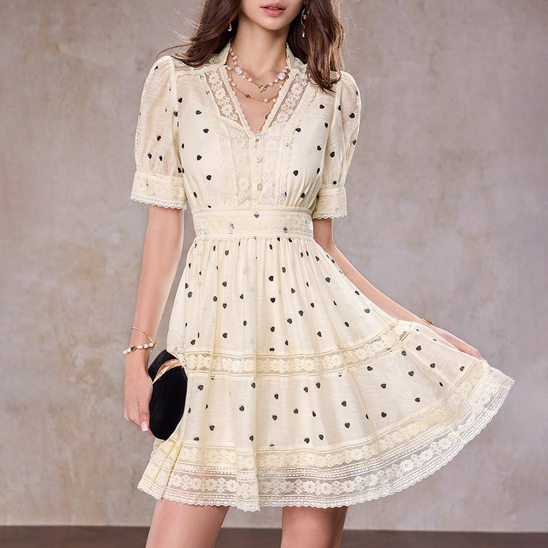 POLKA DOT V-NECK A-LINE MINI DRESS APRICOT