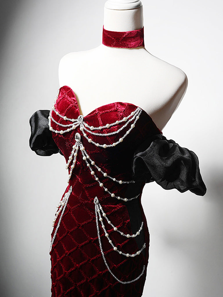 BURGUNDY VELVET MERMAID PROM DRESS