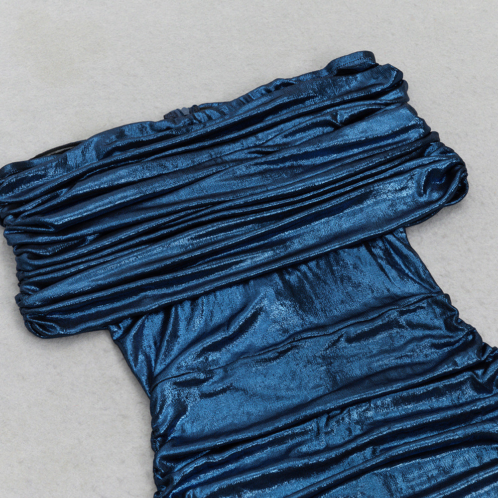 DARK BLUE OFF SHOULDER METALLIC RUCHED MAXI DRESS